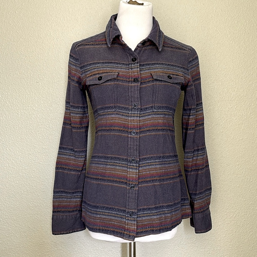🚫 SOLD Patagonia® Worn Wear Fjord Flannel Shirt Gaucho Stripe Blue Butterfly 2 - Picture 3 of 11